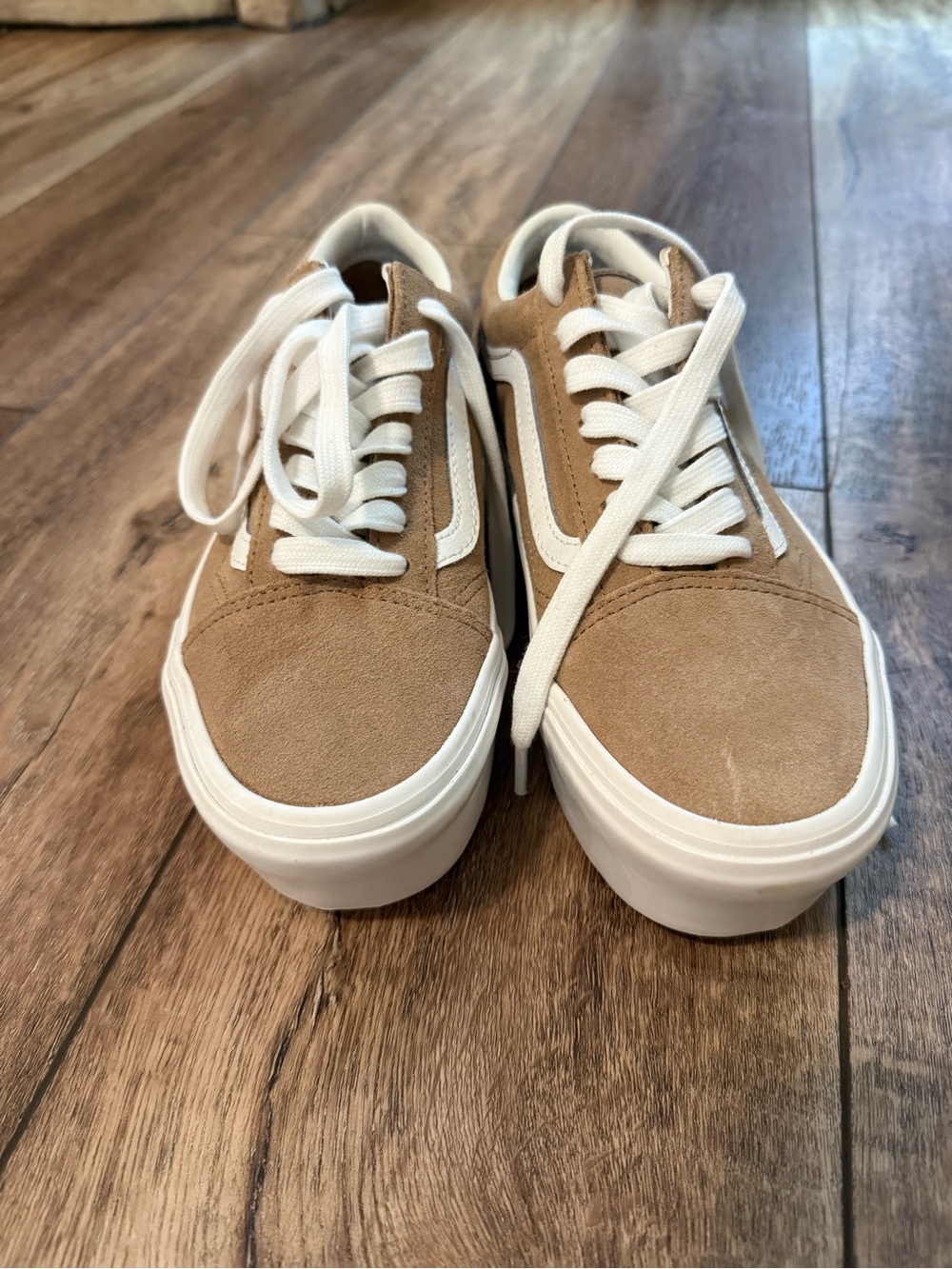 Vans Old Skool Platform Sneakers in Tan with White Stripe - Picture 3 of 4